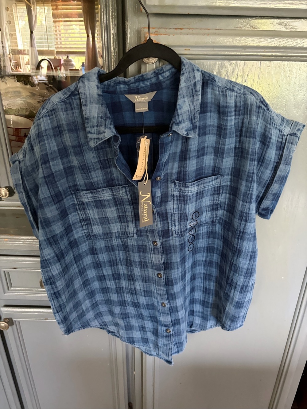 Natural Reflections Indigo Blue Plaid Short Sleeve Button Front Blouse
